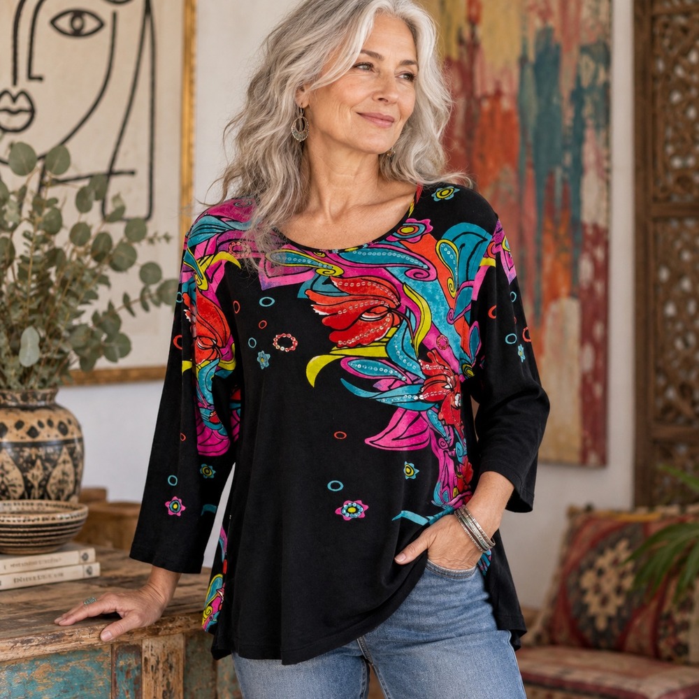 Jane Ashley Womens Art to Wear Floral Sequin Top Sz L Black Y2K Dopamine Chic